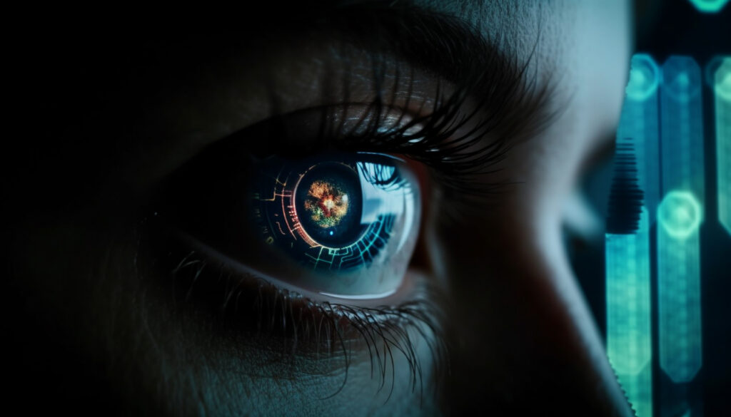 Human eye watching futuristic security system data generated by AI